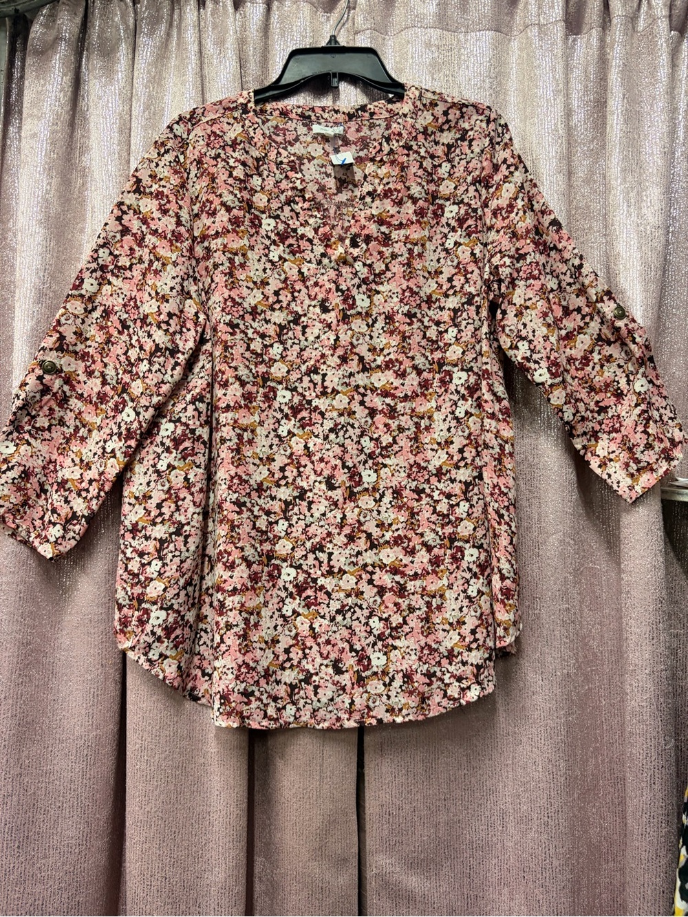 Maurices Pink Floral Roll-Tab Sleeve Blouse